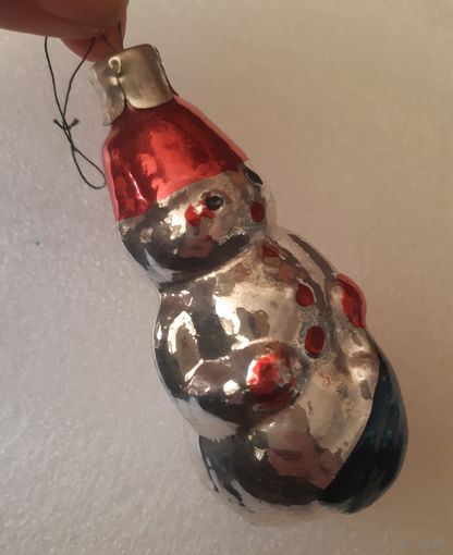 Игрушка ёлочная Снеговик с подарками, стекло. СССР