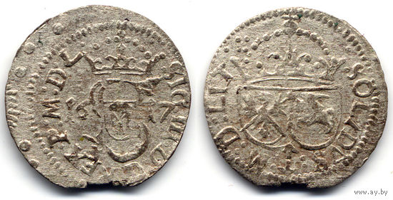 Шеляг 1617, Сигизмунд III Ваза, Вильно. Более редкий вариант с полной датой 16-17 на Ав., R