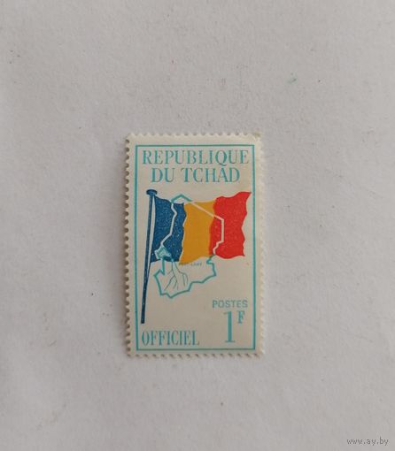 Марка Чад 1966 год. Национальный флаг и карта.