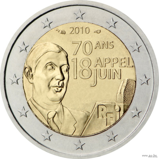 2 евро 2010 Франция 70 лет речи Шарля де Голля UNC из ролла