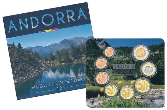 Андорра 2022 год. 1, 2, 5, 10, 20, 50 евроцентов, 1 и 2 Евро. Официальный набор монет Евро в буклете (8 монет)