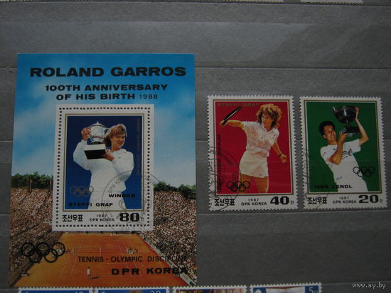 Марки - Корея, 1988 - спорт, теннис, Ролан Гаррос, олимпийские игры, известные люди - Штеффи Граф и др. - блок и 2 марки