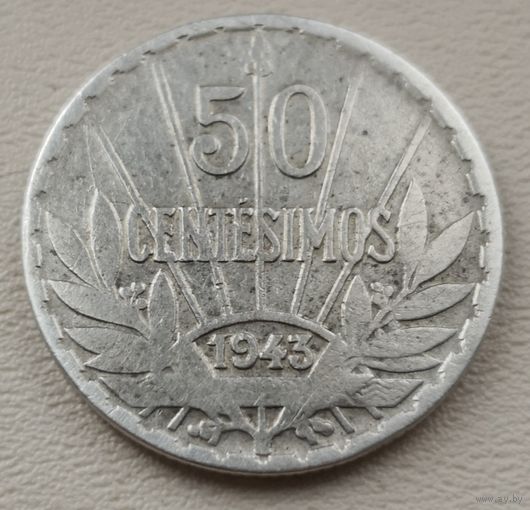 Уругвай 50 сентесимо 1943, серебро