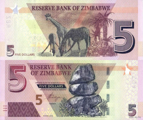 Зимбабве 5 Долларов 2019 UNС П1-175