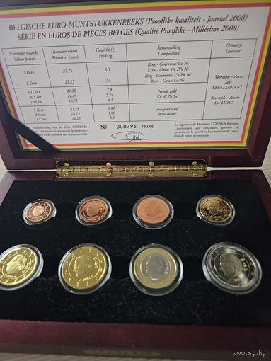 Бельгия PROOF 2008 год. 1, 2, 5, 10, 20, 50 евроцентов, 1, 2 евро. Официальный набор монет в деревянном футляре.