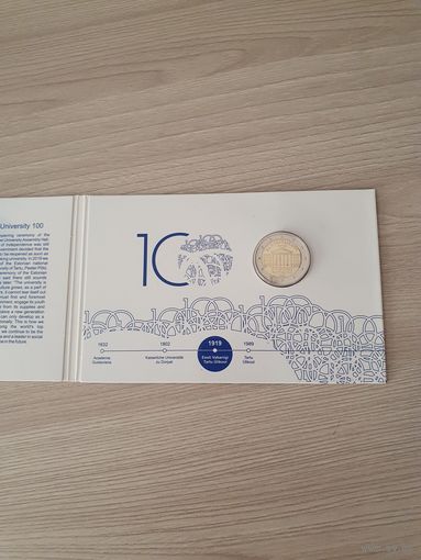 Монета Эстония 2 евро 2019 100 лет основания Тартуского Университета БЛИСТЕР