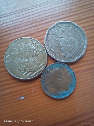 Чили 50 песо 1995, Великобритания 1 фартинг 1947, Бразилия 25 центов 2004 -9