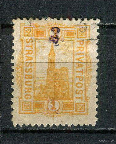 Германия - Страсбург - Местные марки - 1886 - Кафедральный собор с надпечаткой нового номинала 3Pf на 1Pf - [Mi.8a] - 1 марка. Гашеная.  (Лот 70De)
