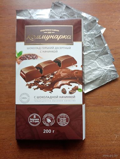 Обертка шоколада фабрики Коммунарка. Горький, десертный, с начинкой.