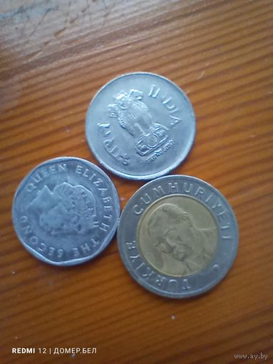 Восточные Карибы 5 центов 2008, Индия 1 рупия 2000, Турция 1 лира 2005 -10