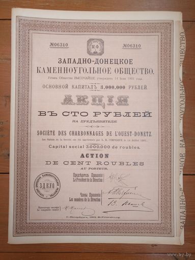 Западно-Донецкое каменноугольное общество, акция в 100 рублей, 1913 г.