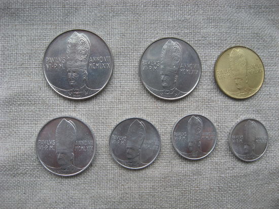Ватикан лот из 7-ти монет номиналом от 100 до 1 лиры 1969 год - MCMLXIX Папа Павел VI