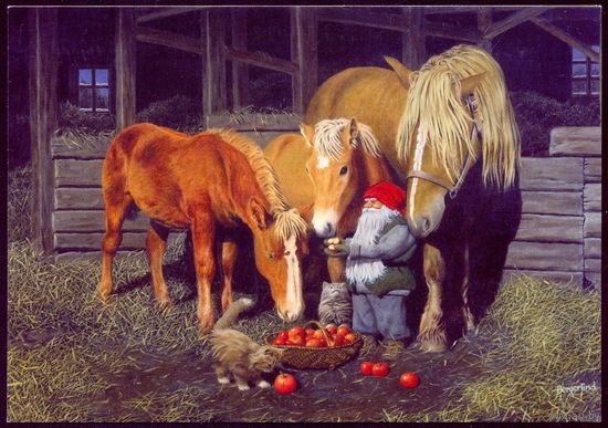 Швеция открытка Рождество гном лошади кот