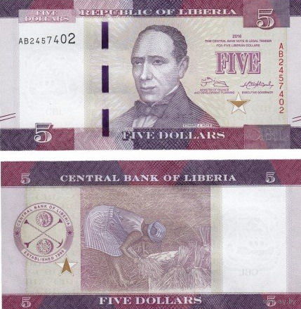 Либерия 5 долларов 2016 год UNC