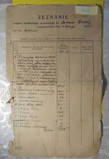 Документ польский "Последнее заявление о собственности", 10 февраля, 1935 г., д. Бровники