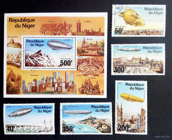 Нигер 1976 г. Дирижабли. Авиация. История воздухоплавания, полная серия из 5 марок + Блок #0142-Т1P30