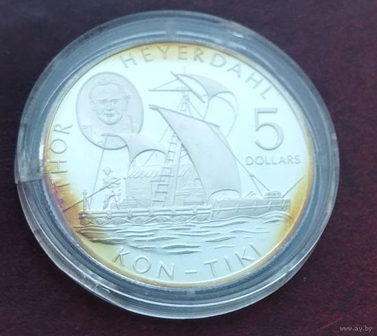 Острова Кука 5 долларов, 2002 Кон-Тико Тур Хейердал