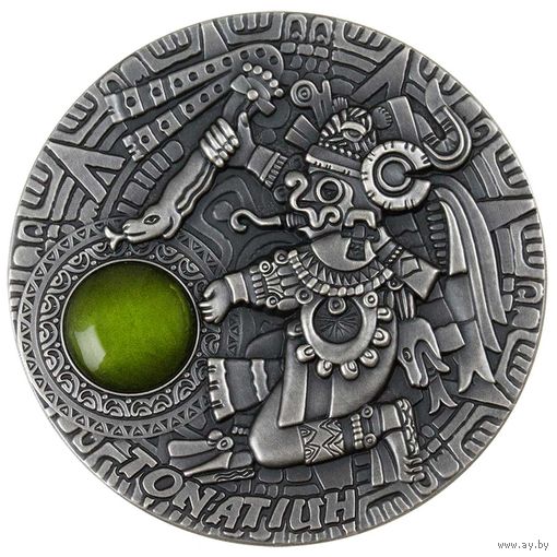 Ниуэ 5 долларов 2020г. "Бог солнца Ацтеков: Тонатиу". Монета в капсуле; деревянном подарочном футляре; сертификат; коробка. СЕРЕБРО 62,20гр.(2 oz).
