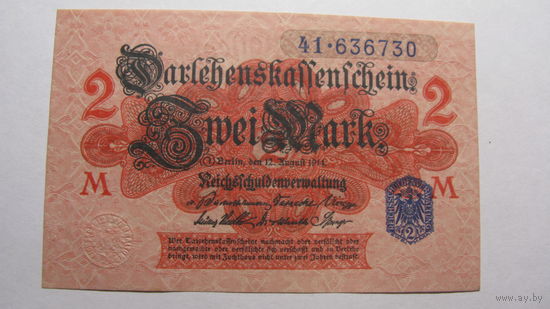 Германия 2 марки 1914 г. Ro52d . Редкость - печать и номер СИНЕГО цвета ( состояние СУПЕР )