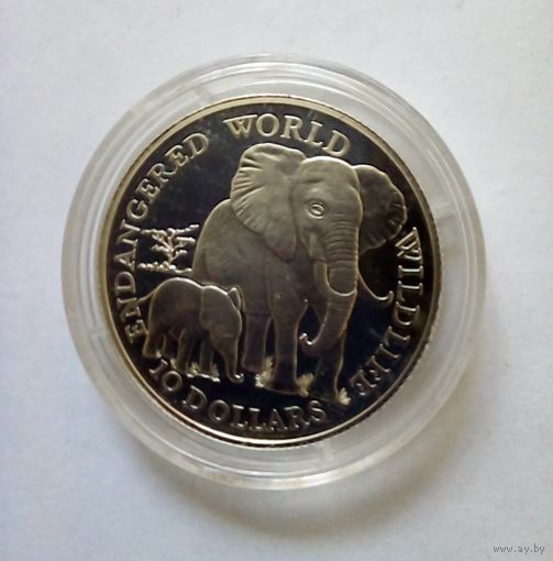 Острова Кука 10 долларов 1990г Защитим дикую природу.Слоны.Серебро.Пруф