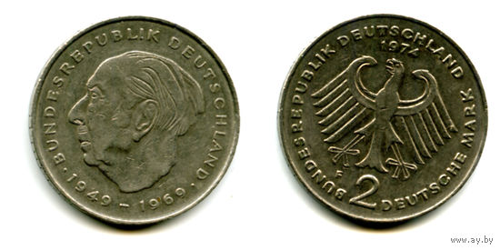 Германия ФРГ 2 марки 1974 F Theodor Heuss
