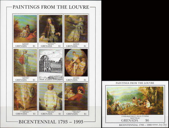 Живопись 200 лет Лувру Гренада 1993 год серия из 8 марок в малом листе и 1 блока (М)