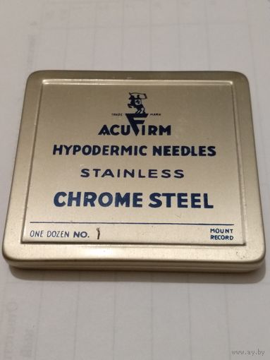 WW II. Металлическая упаковка игл.ACUFIRM HYPODERMIC NEEDLES STAINLESS CHROME STEEL.ONE DOZEN No.1 MOUNT RECORD.