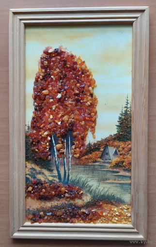 Картина с натуральным янтарём 16,5 х 27,5 см в деревянной рамке