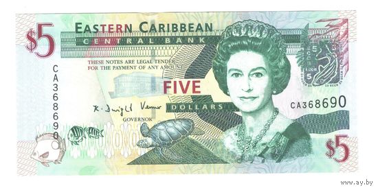 Восточные Карибы 5 долларов 2008 года. Тип Р 47a. Буквы СА. Состояние UNC!