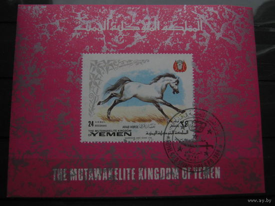 Марки - Йемен, фауна - лошади на марках, блок с красивым штампом и 1 марка