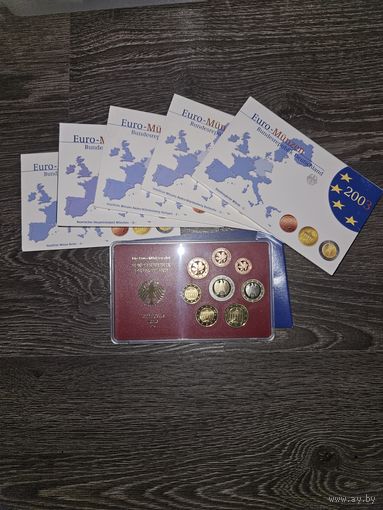 Германия 2003 год 5 наборов разных монетных дворов A D F G J. 1, 2, 5, 10, 20, 50 евроцентов, 1, 2 евро. Официальный набор PROOF монет в упаковке.