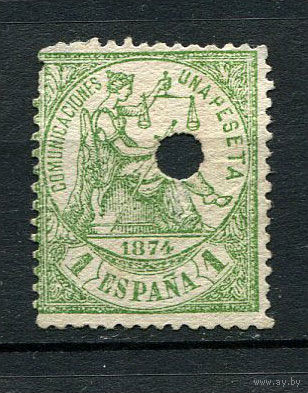 Испания (Республика I) - 1874 - Аллегория Испания с весами 1Pta - [Mi.142] - 1 марка. Гашеная пробоем.  (Лот 123P)