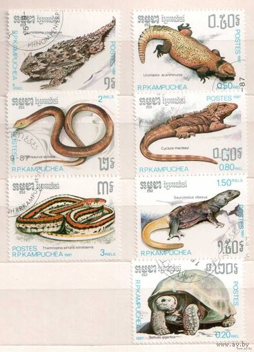 Рептилии. Серия 7 марок, 1987г., гаш. Кампучия.