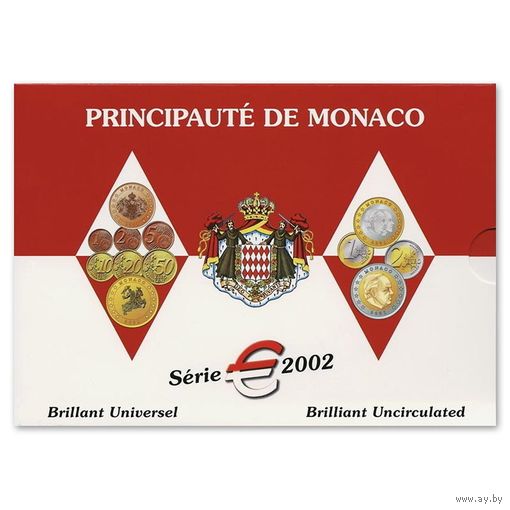 Монако 2002 год. 1, 2, 5, 10, 20, 50 евроцентов, 1 и 2 Евро. Официальный набор монет Евро в буклете (в оригинальной пленке)