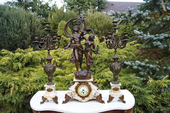 Изумительные Антикварные Каминные Часы! Мрамор, Шпиатр, Бронза. Франция, PARIS, конец 19 века.