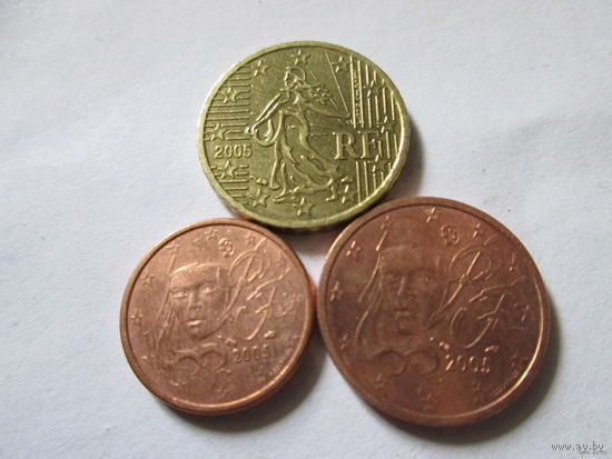 Набор евро монет Франция 2005 г. (1, 2, 10 евроцентов)
