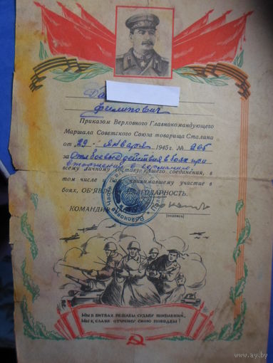 Благодарности-грамоты отСталина "За вторжение в Германию и боях за вислу " 1945 г. на панно или в домашний музей