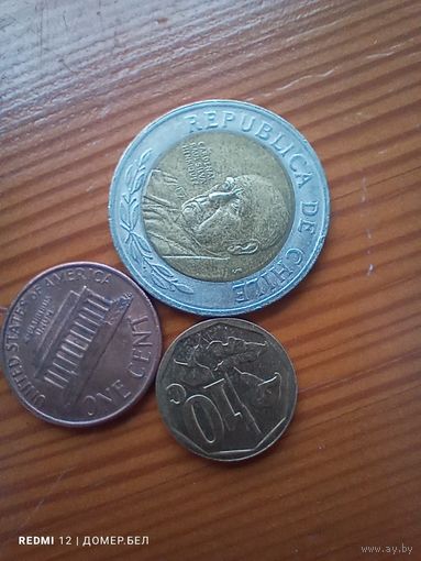 ЮАР 10 центов 2005, Чили 500 песо 2002, США 1 цент 1991 Д -55