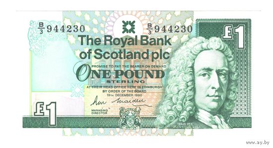 Шотландия 1 фунт 1990 года. Дата 19 декабря. Тип Р 351а. Состояние UNC!