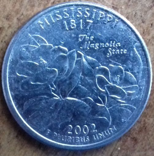 США 25 центов (квотер) 2002 г. P. Миссисипи.