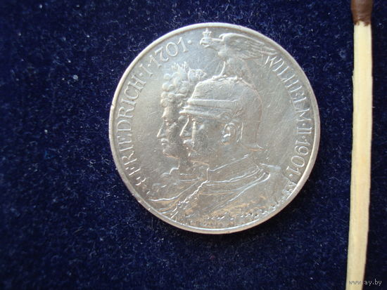 Монета 2 марки, Германия, Пруссия, 1901 г., 200 лет правления, серебро 900 пробы.