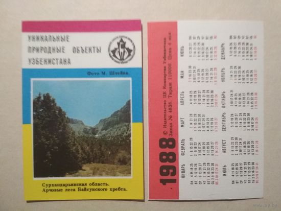 Карманный календарик. Уникальные природные объекты Узбекистана.1988 год