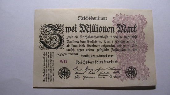 Германия Ro103 . 2 миллиона марок 1923 г. ( Без номера. Серия в левой стороне боны )