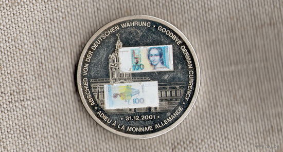 ГЕРМАНИЯ 2001 Памятная медаль "Банкнота 100 марок"из серии "прощание с маркой"  ПРУФ