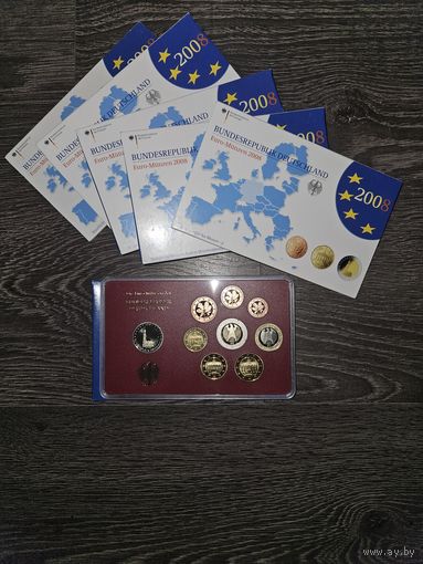Германия 2008 год 5 наборов разных монетных дворов A D F G J. 1, 2, 5, 10, 20, 50 евроцентов, 1, 2 евро и 2 юбилейных евро. Официальный набор PROOF монет в упаковке.