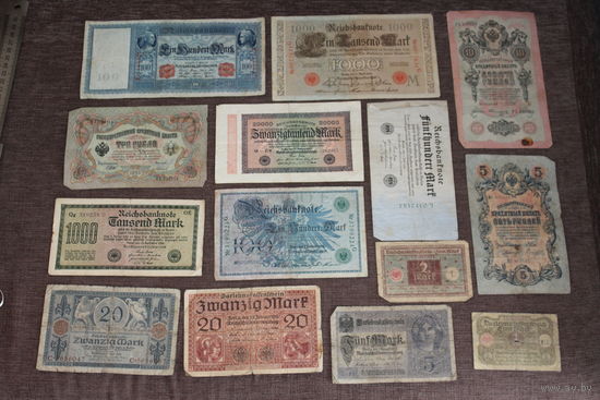 Банкноты Германии и РИ, 14 штук, состояние разное.