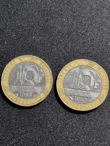 ФРАНЦИЯ 10 франков лот 2 шт 1988 1990