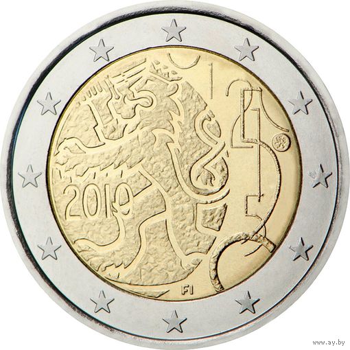 2 Евро Финляндия 2010 150-летие введения в Финляндии собственной валюты UNC из ролла