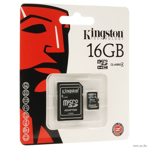 Карта памяти Kingston 16Gb MicroSD Class4 + SD ад. SDC4/16GB