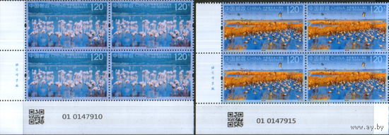 Полная серия из 2 марок в квартблоках 2023г. КНР "Совместный выпуск с Испанией. Водно-болотные угодья" MNH